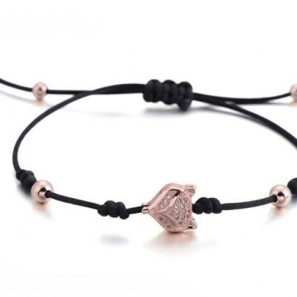 Charm Bracelet For Women, Black String And Rose..